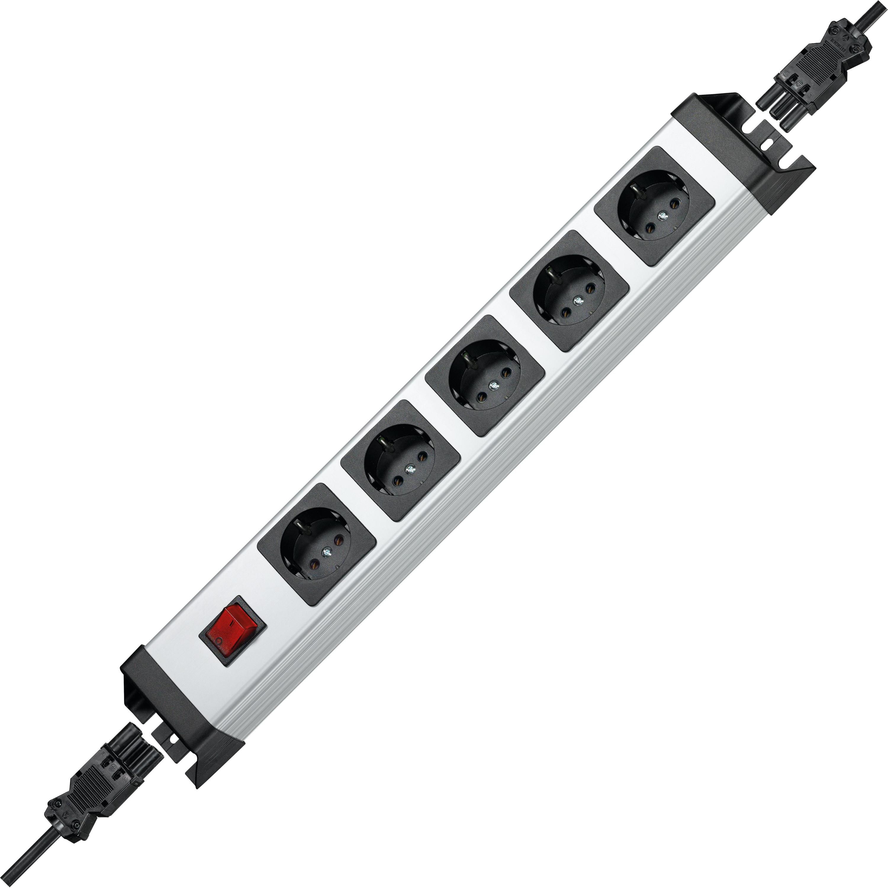 POWERversal, 5-fach, mit Schalter, kaskadierbar mit Schnellstecksystem, 90° gedrehte Töpfe, anschraubbar, Farbe: silber-schwarz