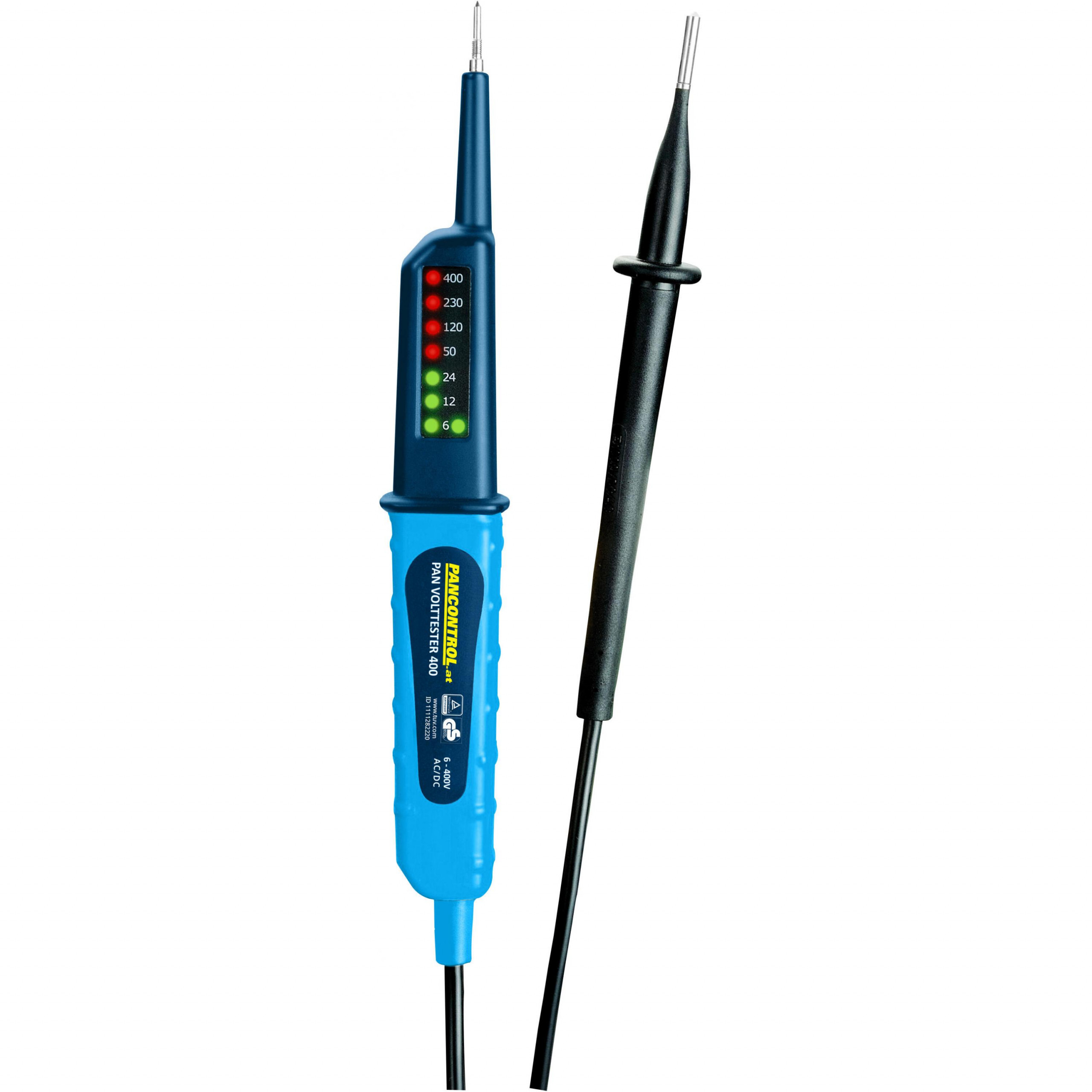 Spannungsprüfer, 2-polig mit LED Anzeige, 8 LEDs von 6-400V AC/DC, Polaritätsanzeige bei Gleichspannung