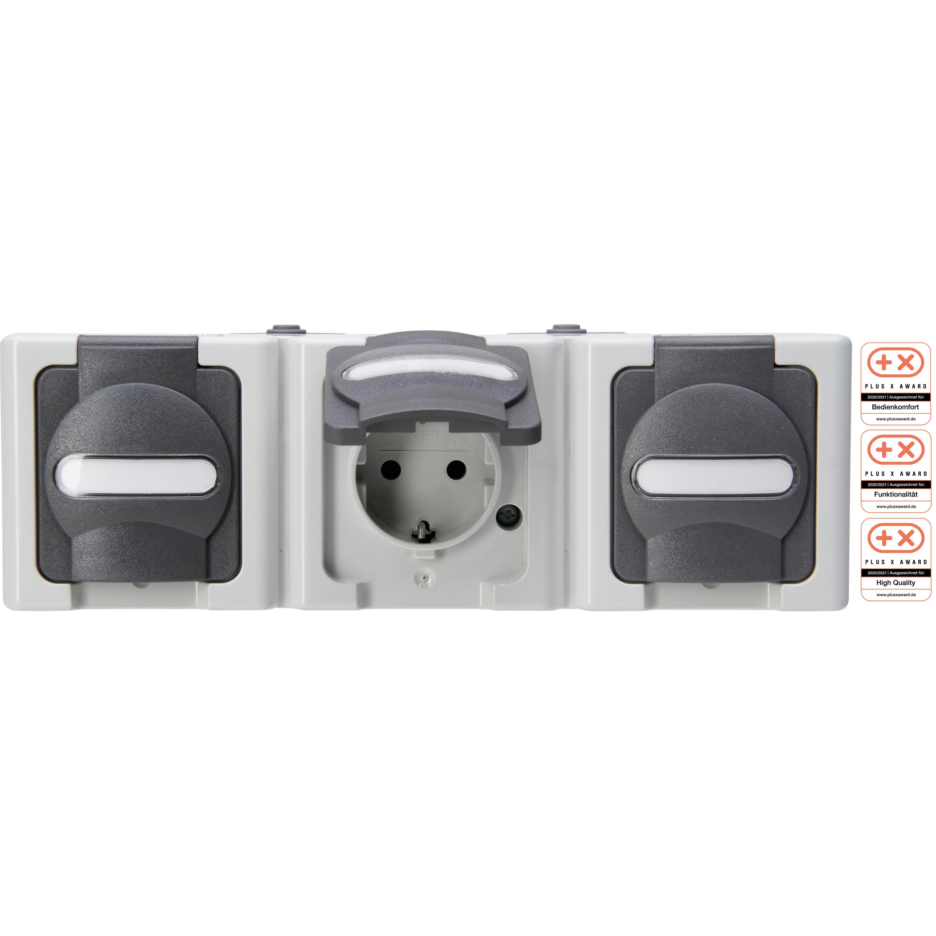 BLUE ELECTRIC - triple earthed socket outlet with hinged lid, pre wired, colour: grey
