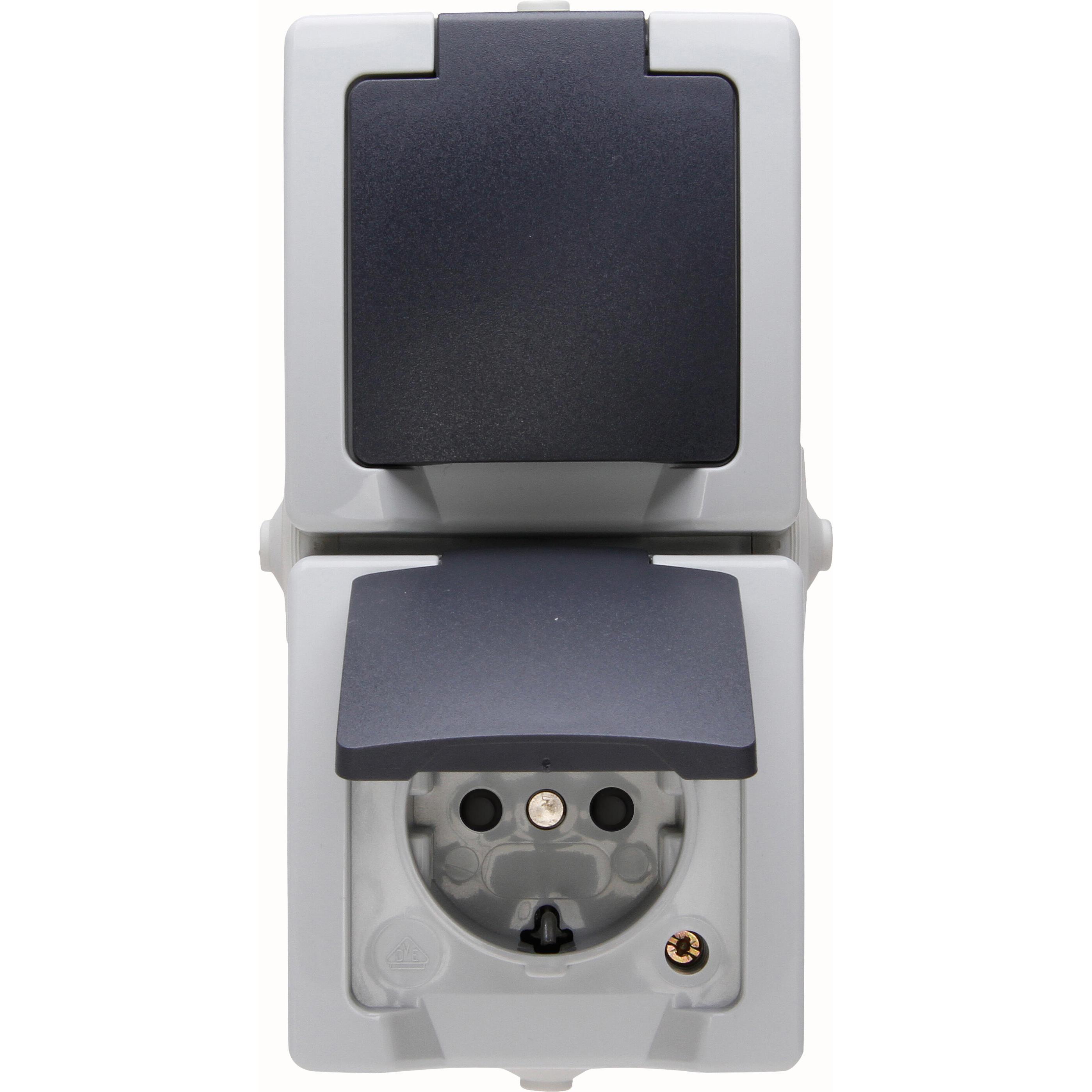 NAUTIC - double earthed socket outlet with hanged lid, pre wired, colour: grey