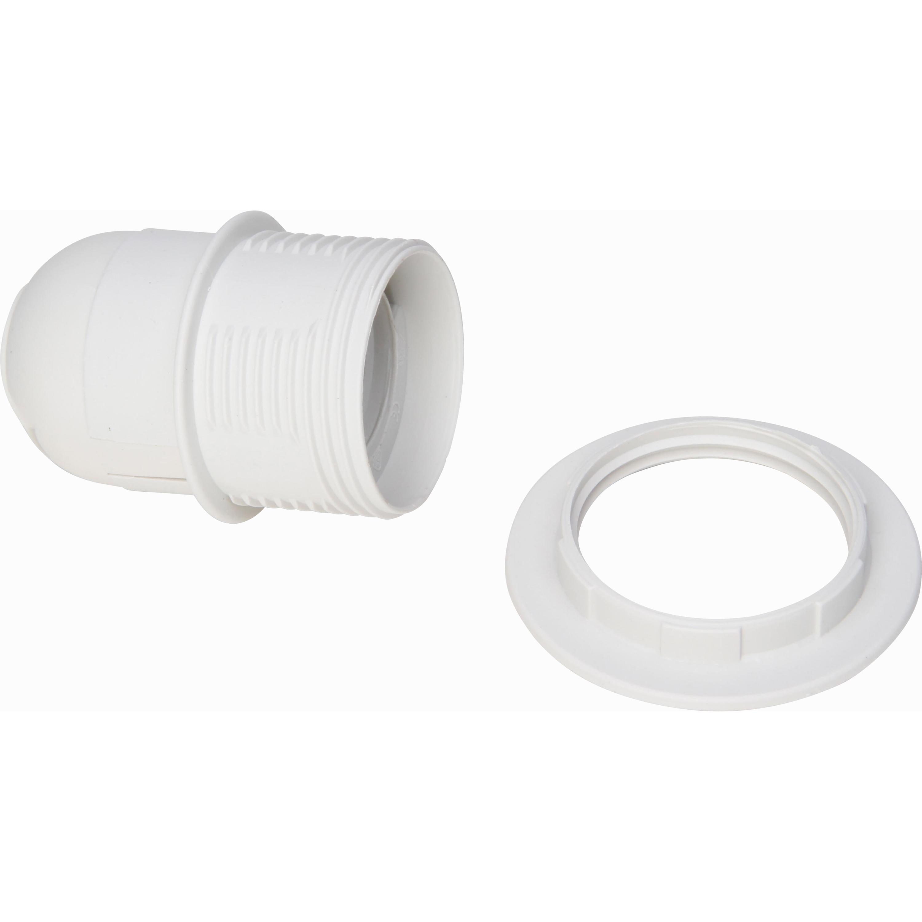 Lampholder of insulating material with external thread and shade holder ring, E27, colour: white