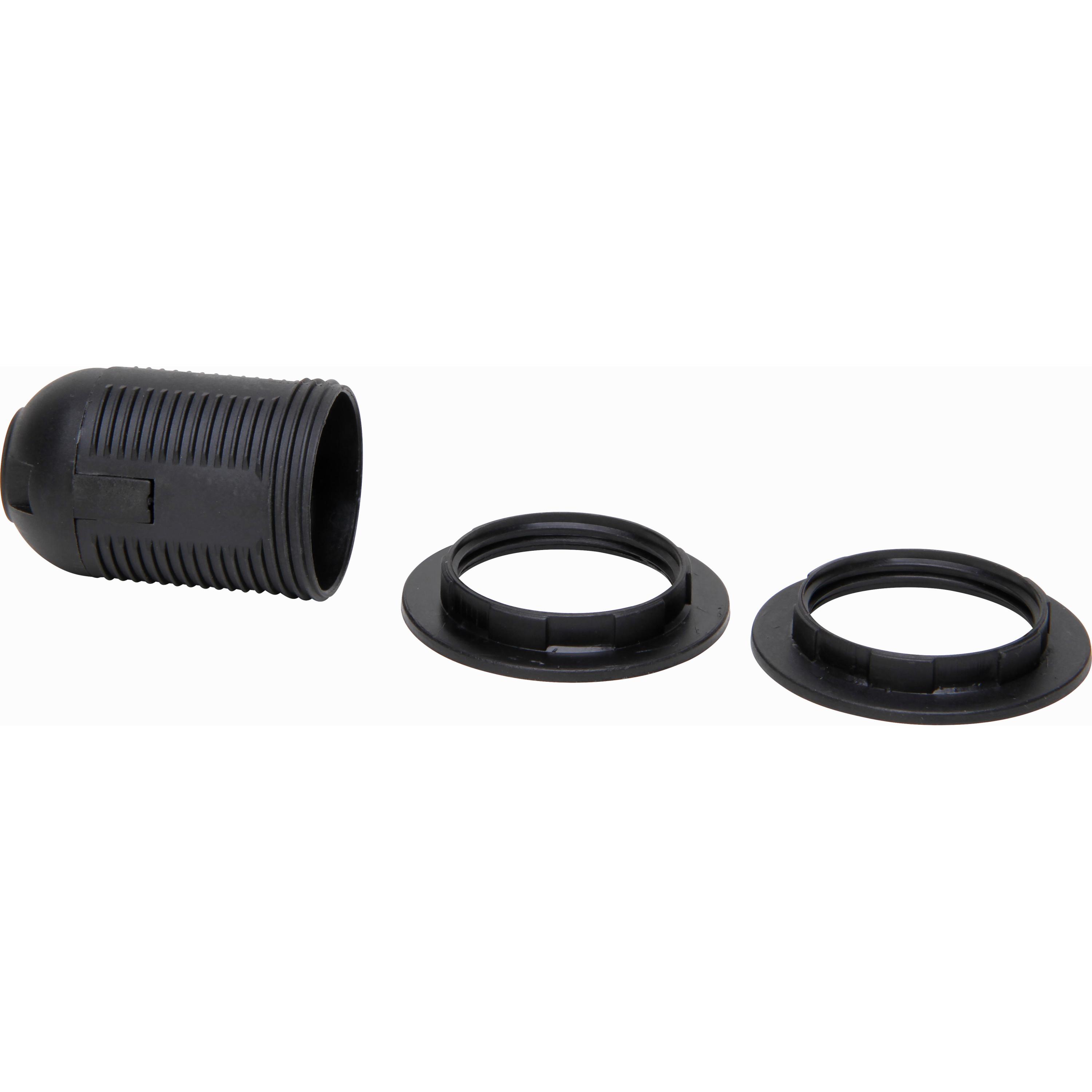 Lampholder of insulating material, E27, with threaded sleeve with locking ring, colour: black