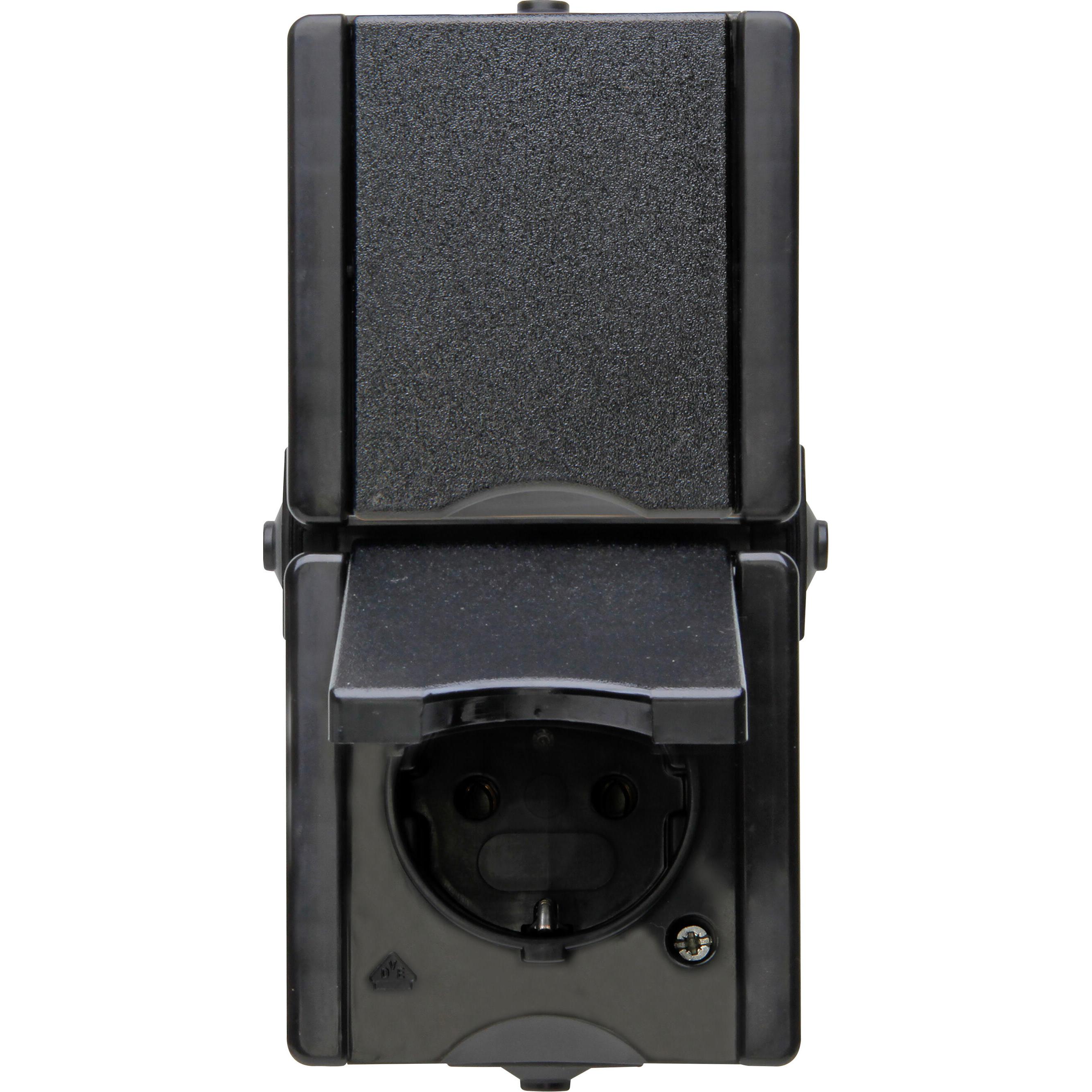proAQA – Double earthed socket outlet with hinged lid, pre wired, vertical, colour: black