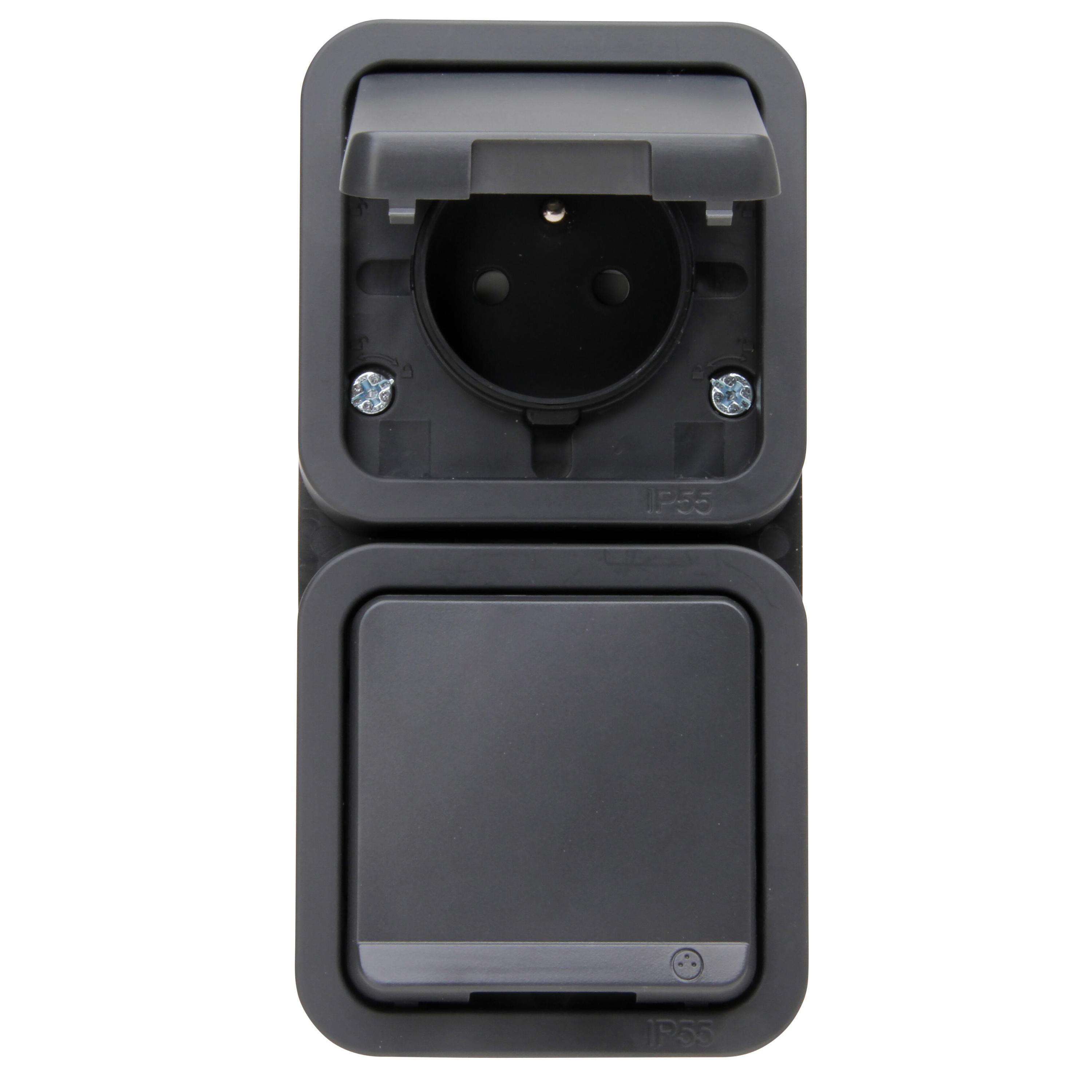 MARIS - surface-mounted damp-proof center protective contact socket, 2-gang, vertical pre-wired, colour: anthracite