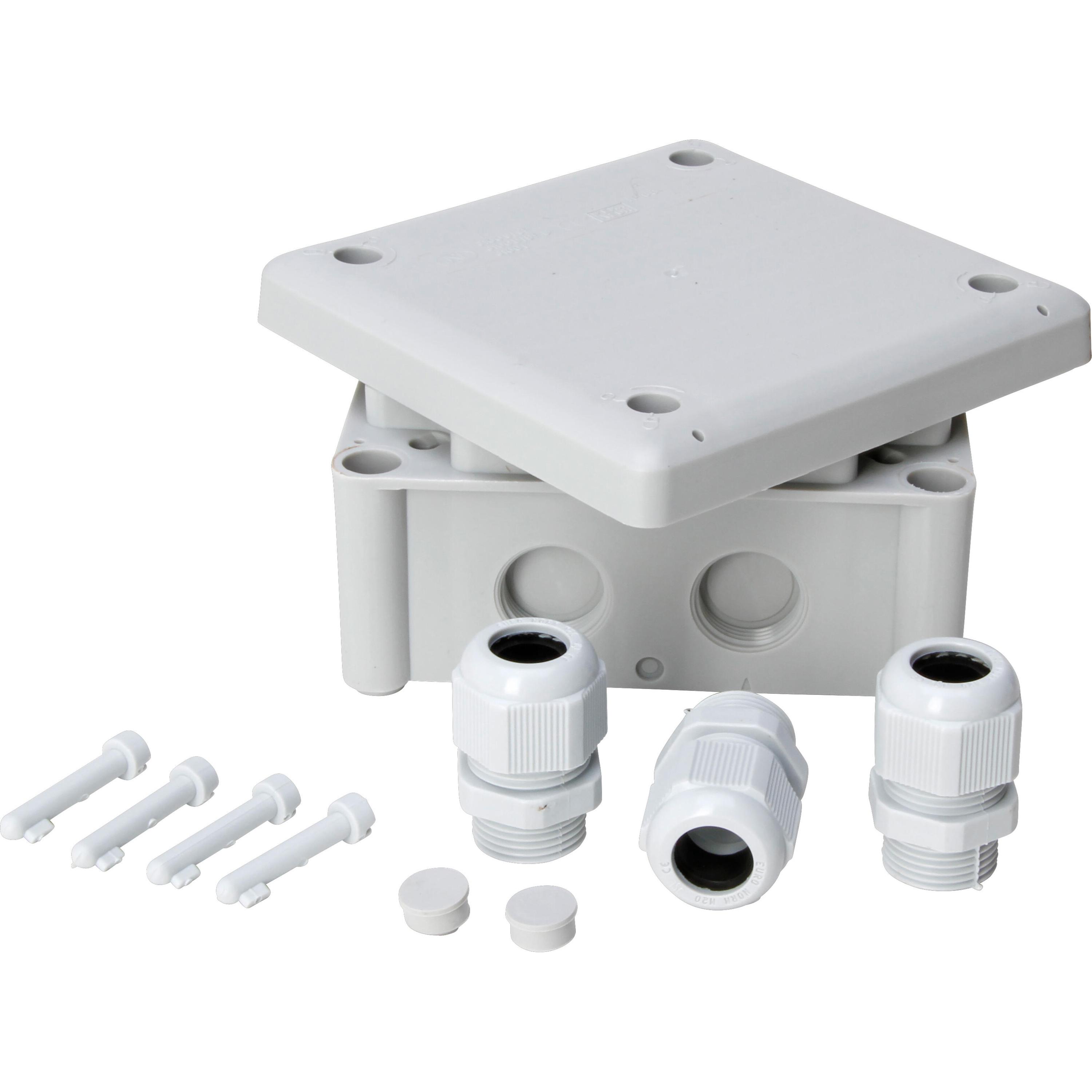 Junction box surface-mounted, for humid areas, 110x110x50mm, incl. 3 cable glands M20, colour: grey
