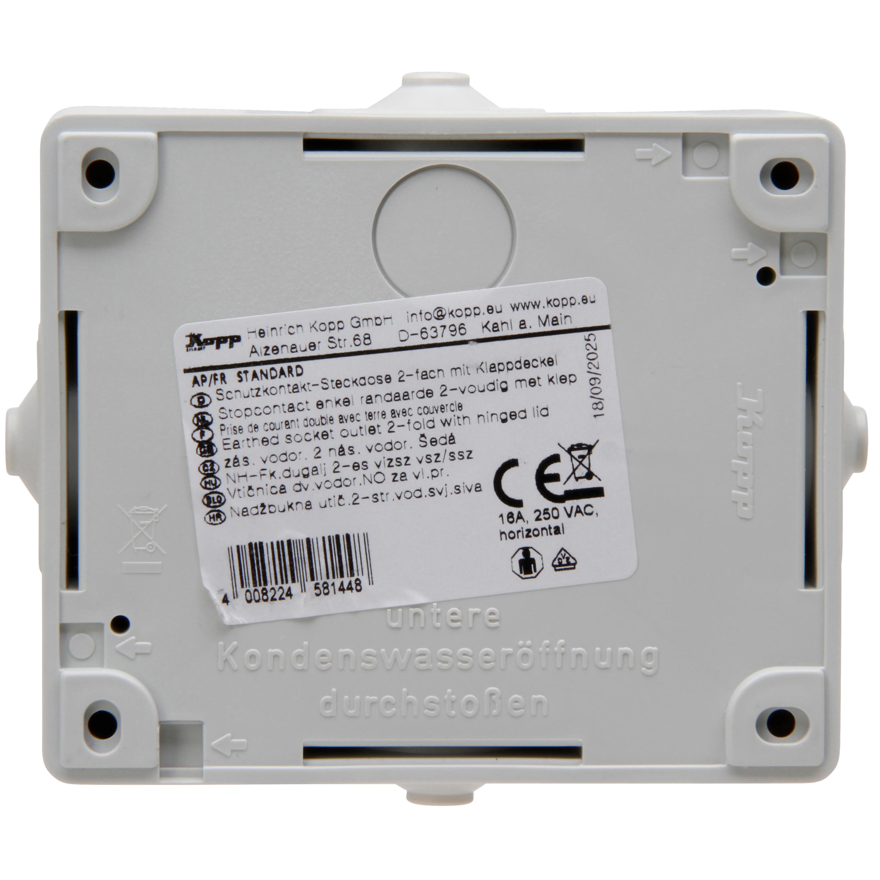 STANDARD - earthed socket outlet, 2-fold, with hinged lid, surface mounted, horizontal, colour: light grey - Afbeelding 3